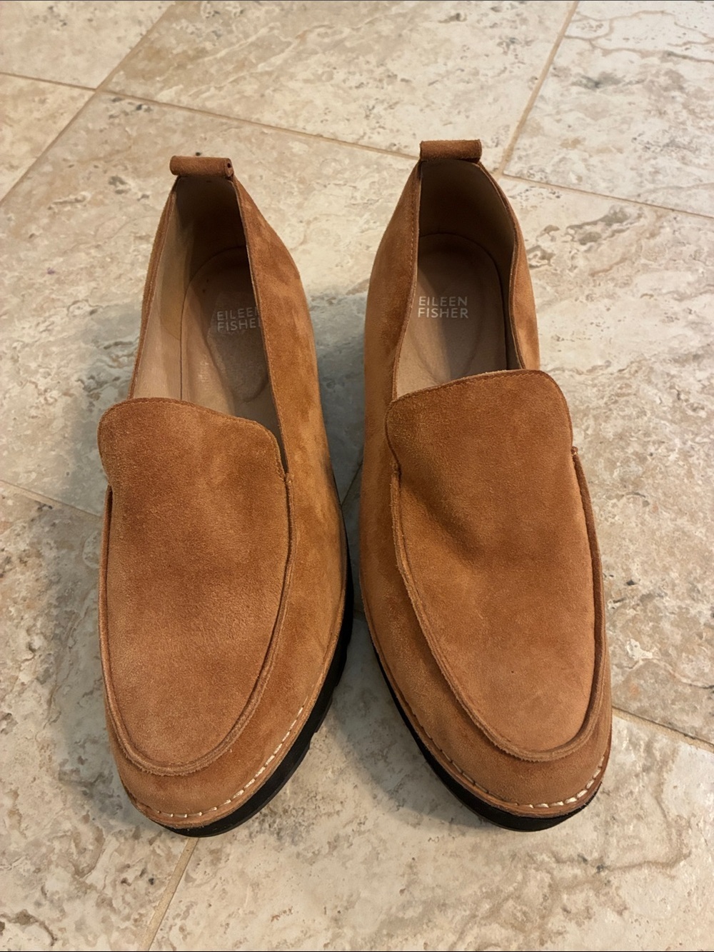 Eileen Fisher Ells Suede Platform Loafer in Camel Chunky Black Sole Shoes SZ 9 - Picture 2 of 11